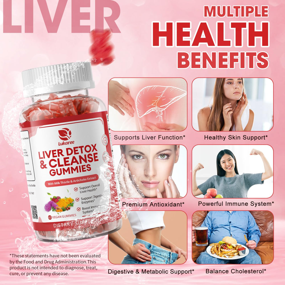 Lukaree Liver Cleanse Detox Gummies packaging highlighting a 2-pack vegan formula.