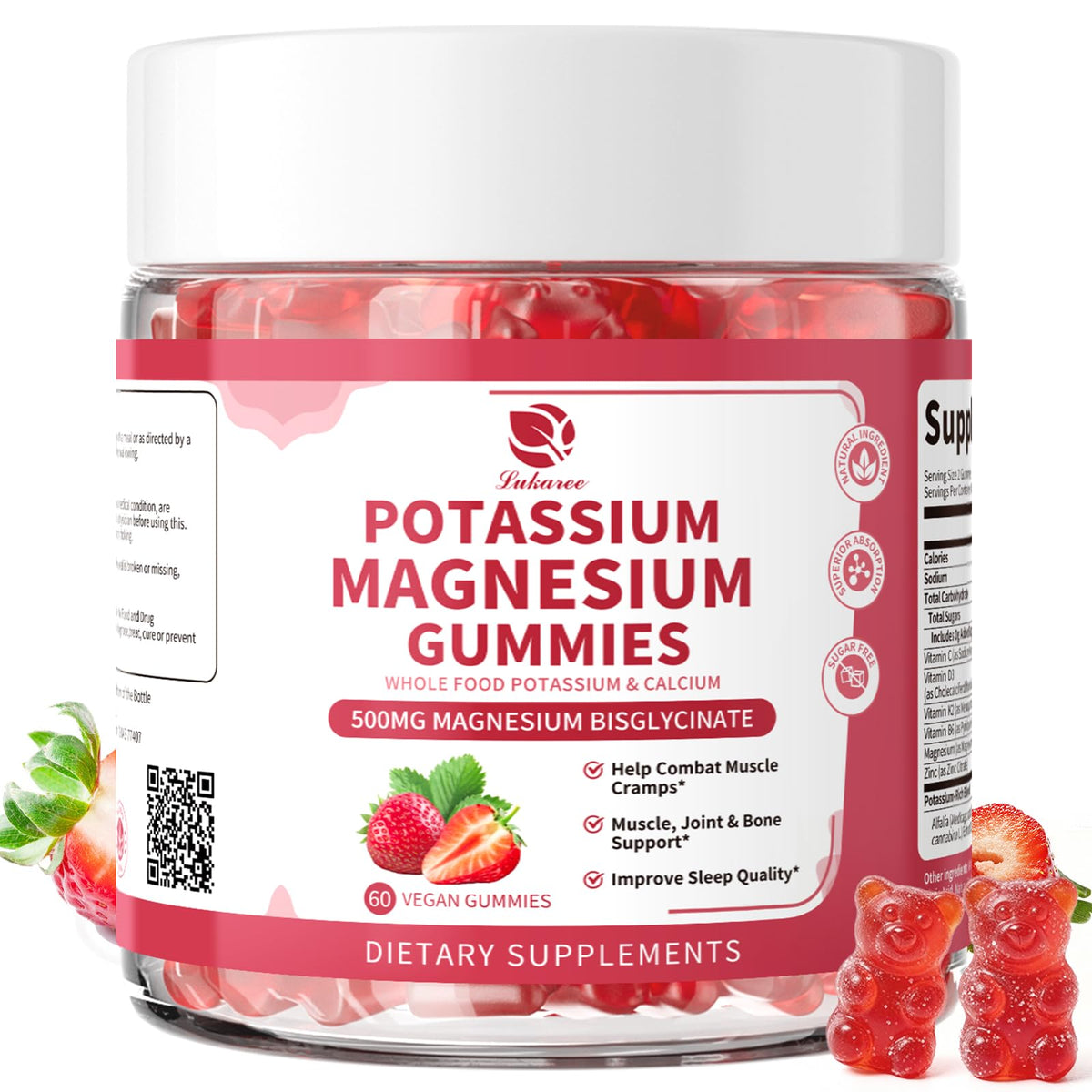 Lukaree Magnesium Potassium Gummies bottle front with vegan formula for daily mineral support