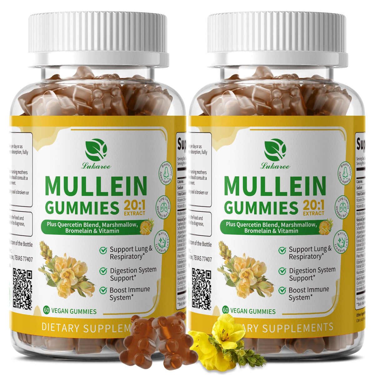 Lukaree Mullein Gummies 2-pack on the counter for daily lung support.