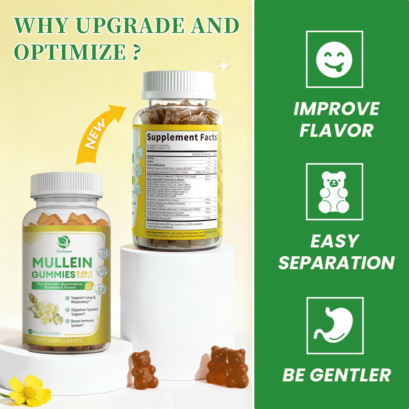 Lukaree Mullein Gummies packaging with clean label highlights natural ingredients.