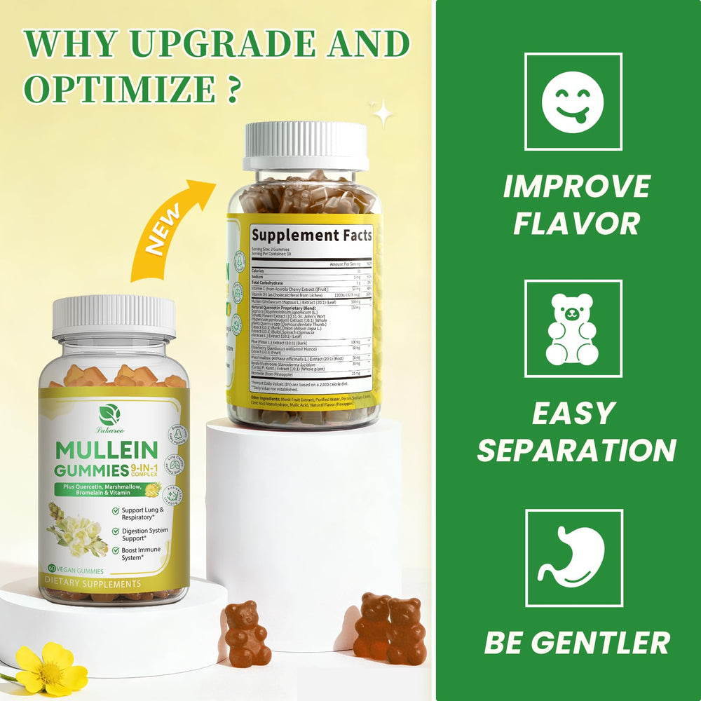 Lukaree Mullein Gummies packaging with clean label highlights natural ingredients.