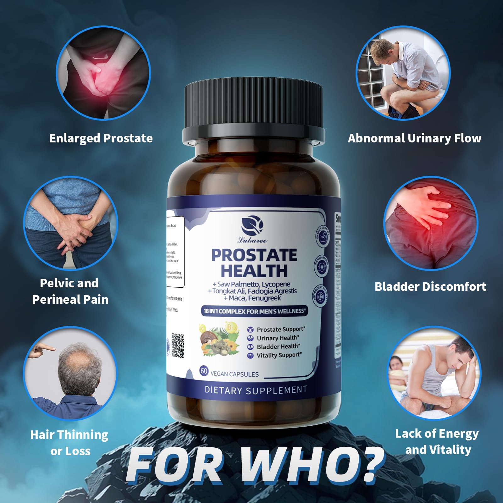 Lukaree Prostate 18-in-1 two-capsule daily serving shown.