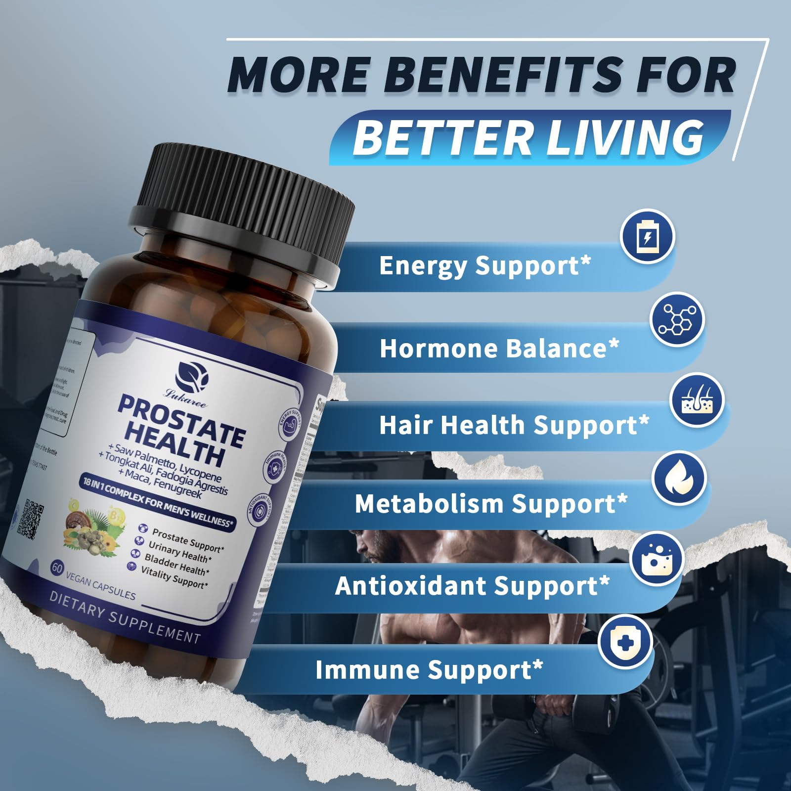 Lukaree Prostate 18-in-1 bottle front view signals DHT balance.