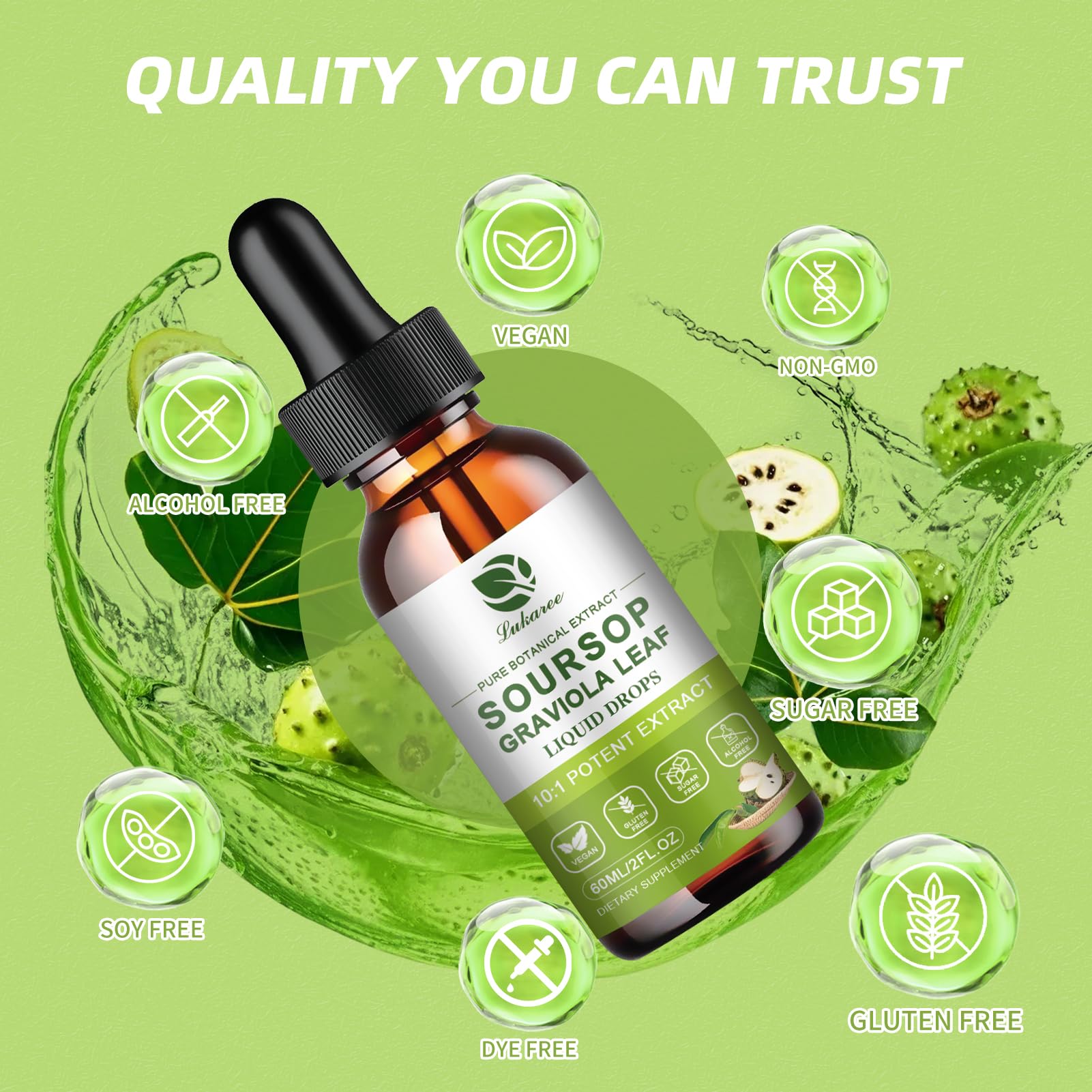 Lukaree Pure Soursop Leaf Extract Drops farm harvest scene emphasizing natural sourcing.
