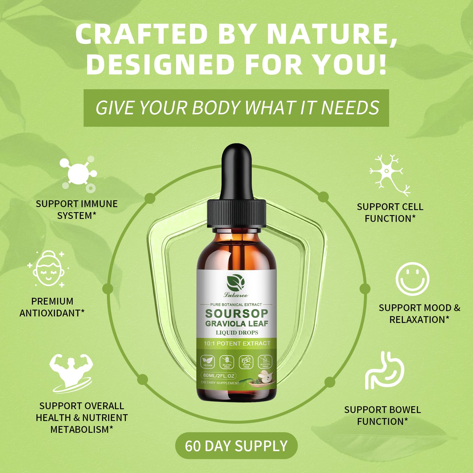 Lukaree Pure Soursop Leaf Extract Drops pouring into a glass for easy use.