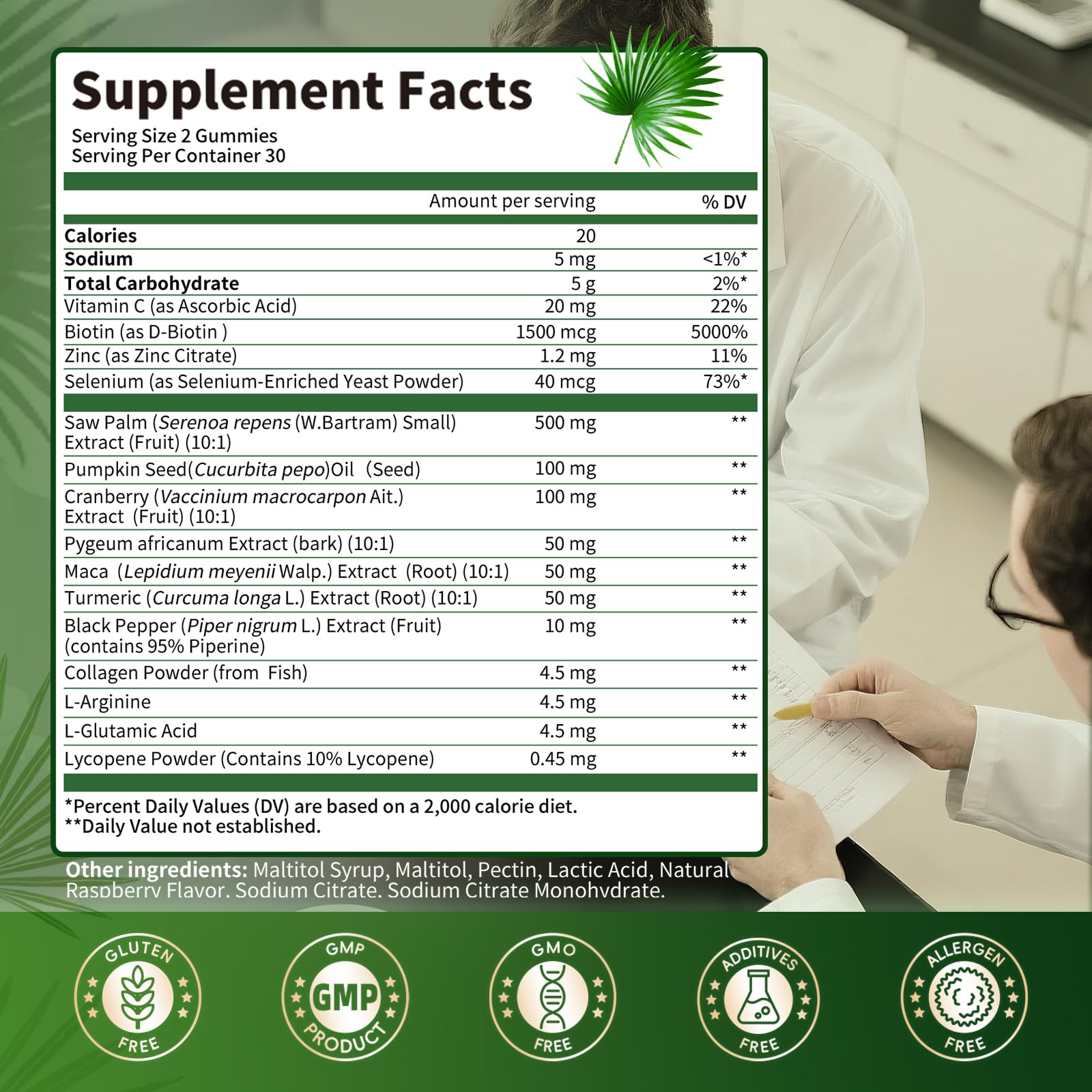 Lukaree Saw Palmetto bottle label detail showing ingredients.