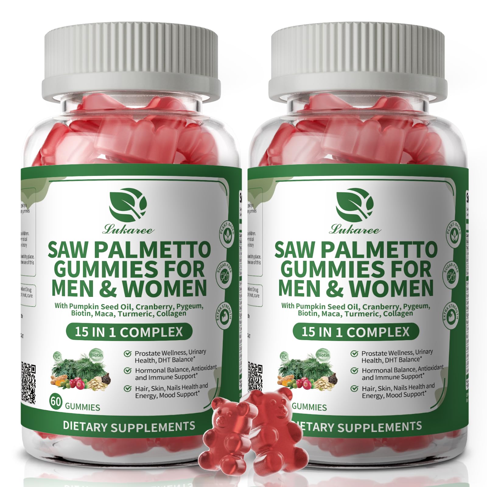 Lukaree Saw Palmetto gummies bottle highlighting the 15-in-1 formula for daily vitality.