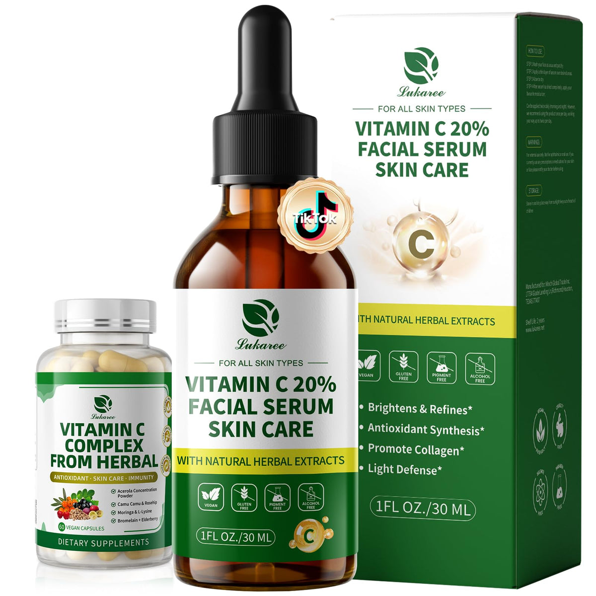 Lukaree Vitamin C Serum bottle close-up highlighting brightening action