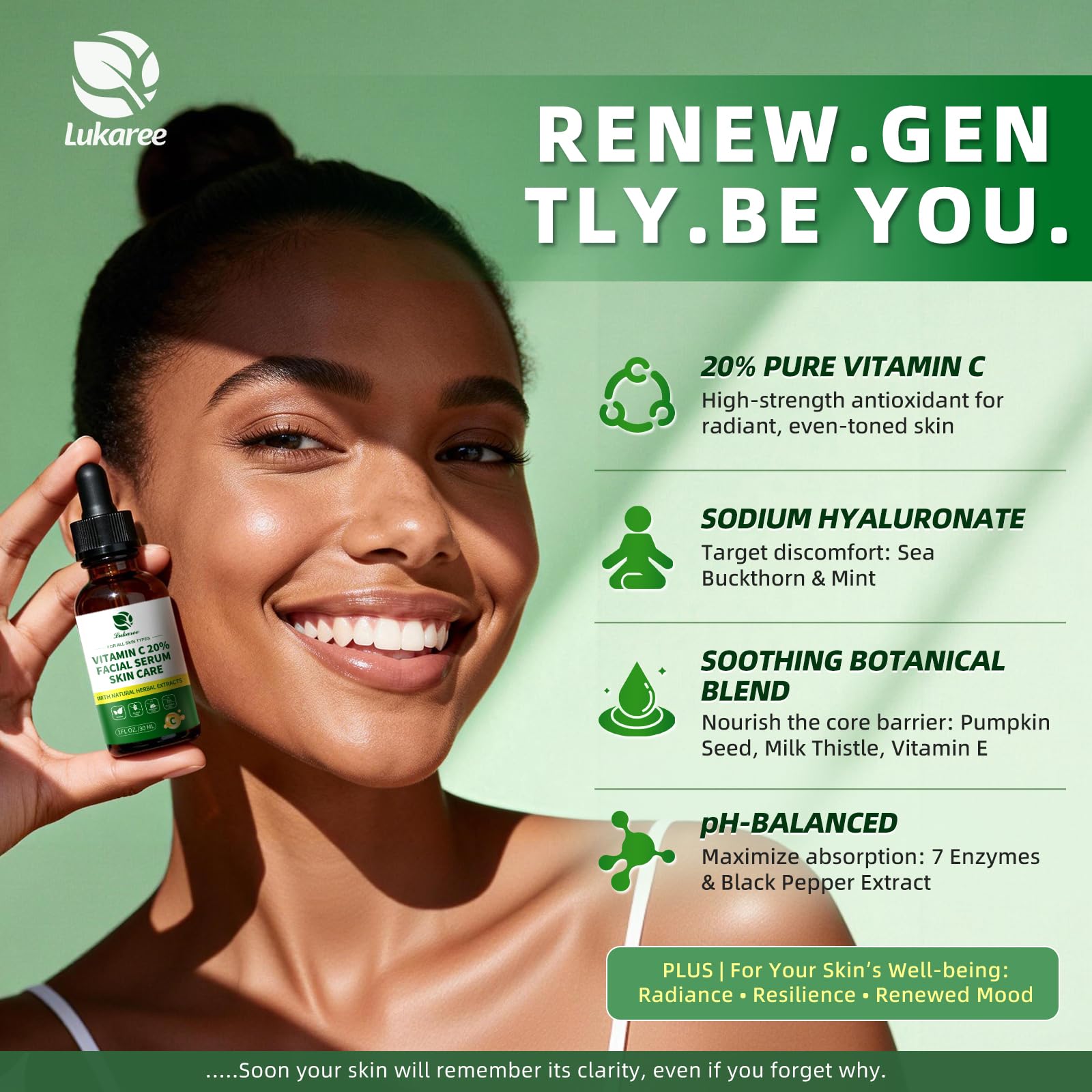 Lukaree Vitamin C Serum ingredients bottle emphasizing botanical components
