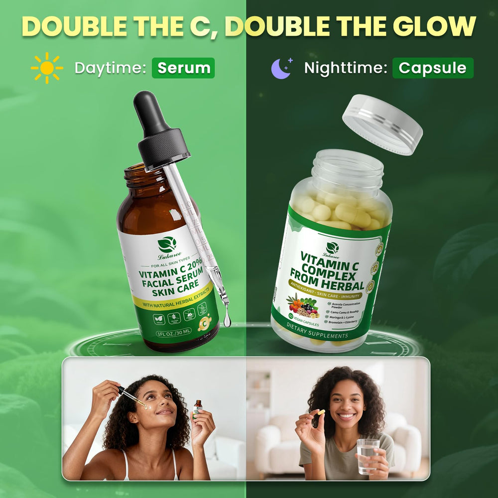Lukaree Vitamin C Serum on vanity scene with botanicals