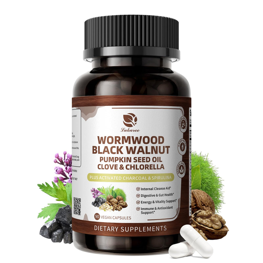 Lukaree Wormwood Black Walnut Cleanse bottle shown for convenient daily gut support.