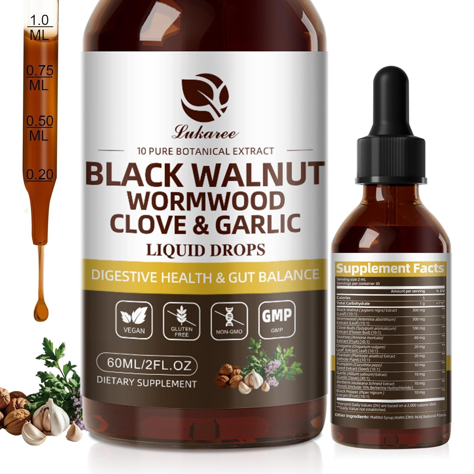 Lukaree Wormwood Black Walnut Drops Bottle showing gentle digestion support