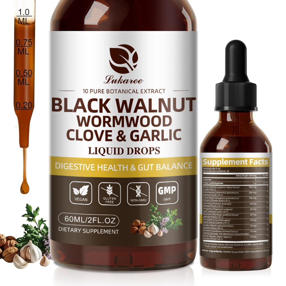Lukaree Wormwood Black Walnut Drops Bottle showing gentle digestion support