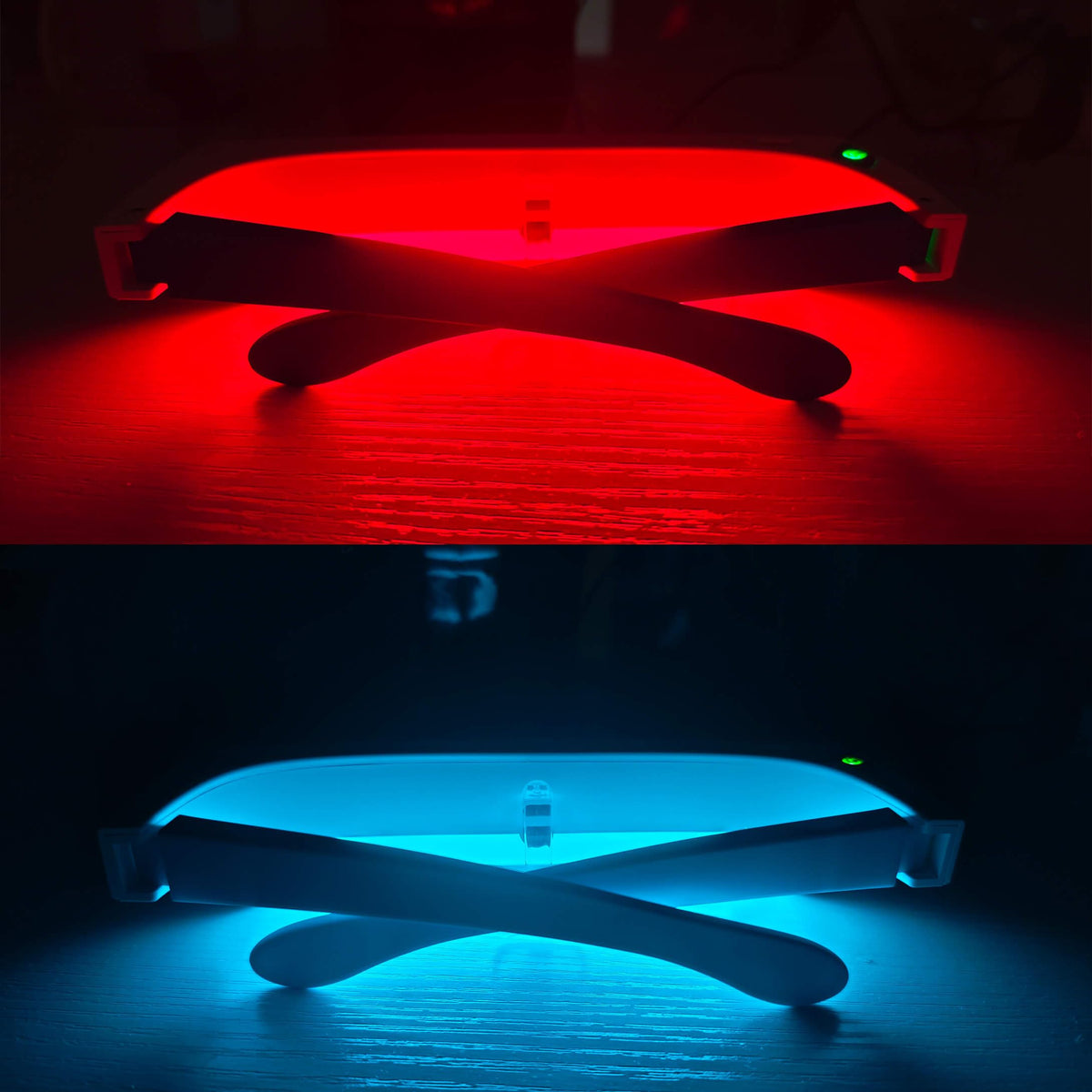 Lukirch Dual Light Therapy Glasses worn over prescription glasses for hands-free light exposure.