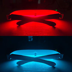 Lukirch Dual Light Therapy Glasses worn over prescription glasses for hands-free light exposure.