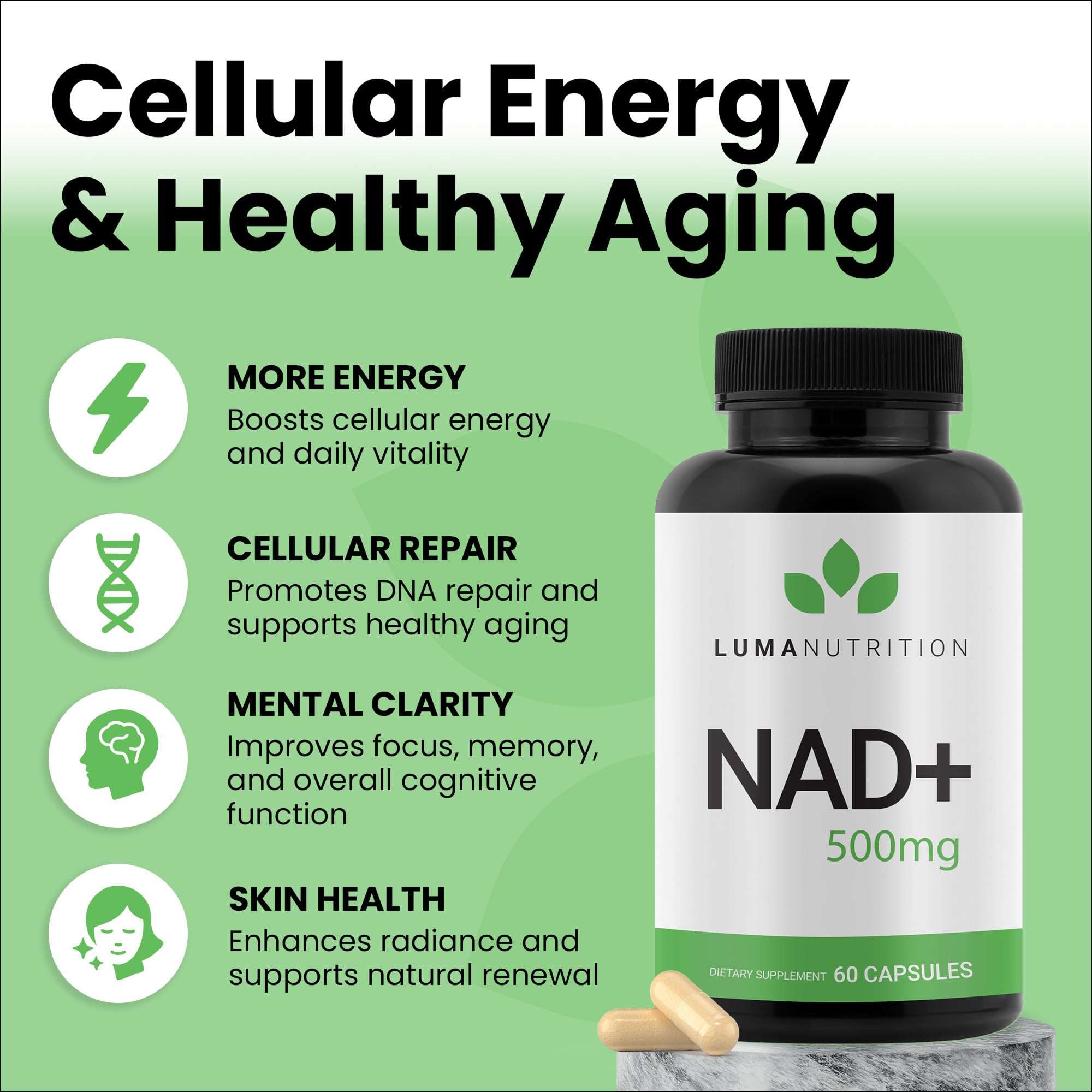 Luma Nutrition NAD+ capsules close-up highlights pure, easy-to-take daily capsules.
