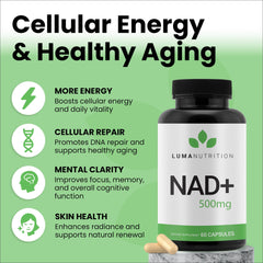 Luma Nutrition NAD+ capsules close-up highlights pure, easy-to-take daily capsules.