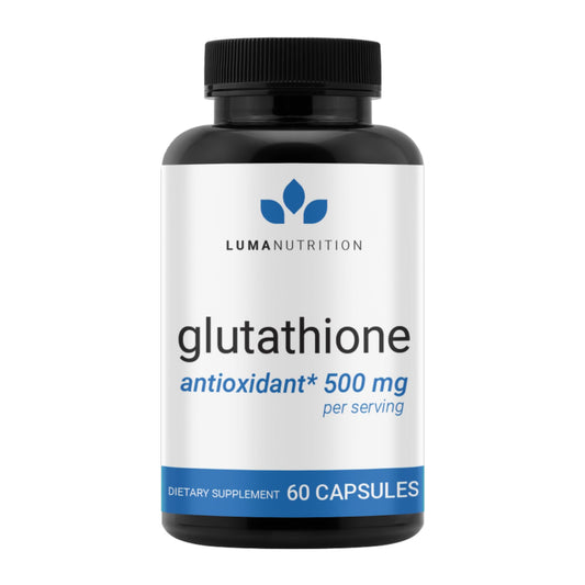 Luma Nutrition Premium Glutathione bottle front with 500mg antioxidant support