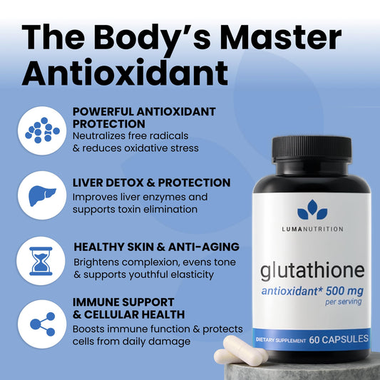 Luma Nutrition glutathione bottle side view for daily use