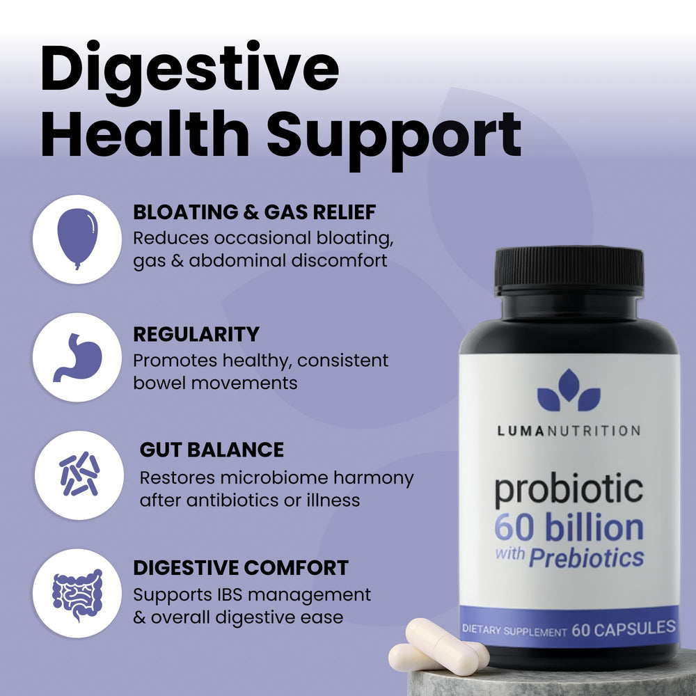 Luma Nutrition Probiotics capsules closeup showcases compact daily probiotic dose