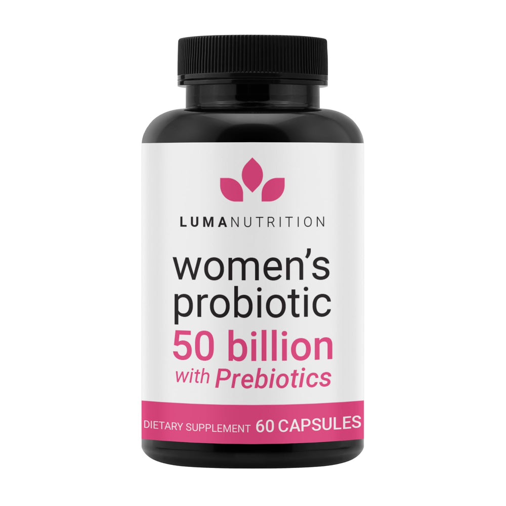 Luma Nutrition Probiotics for Women bottle highlighting 50B CFU for gut and vaginal support.