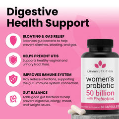 Luma Nutrition Probiotics for Women capsules close-up for daily digestive wellness.