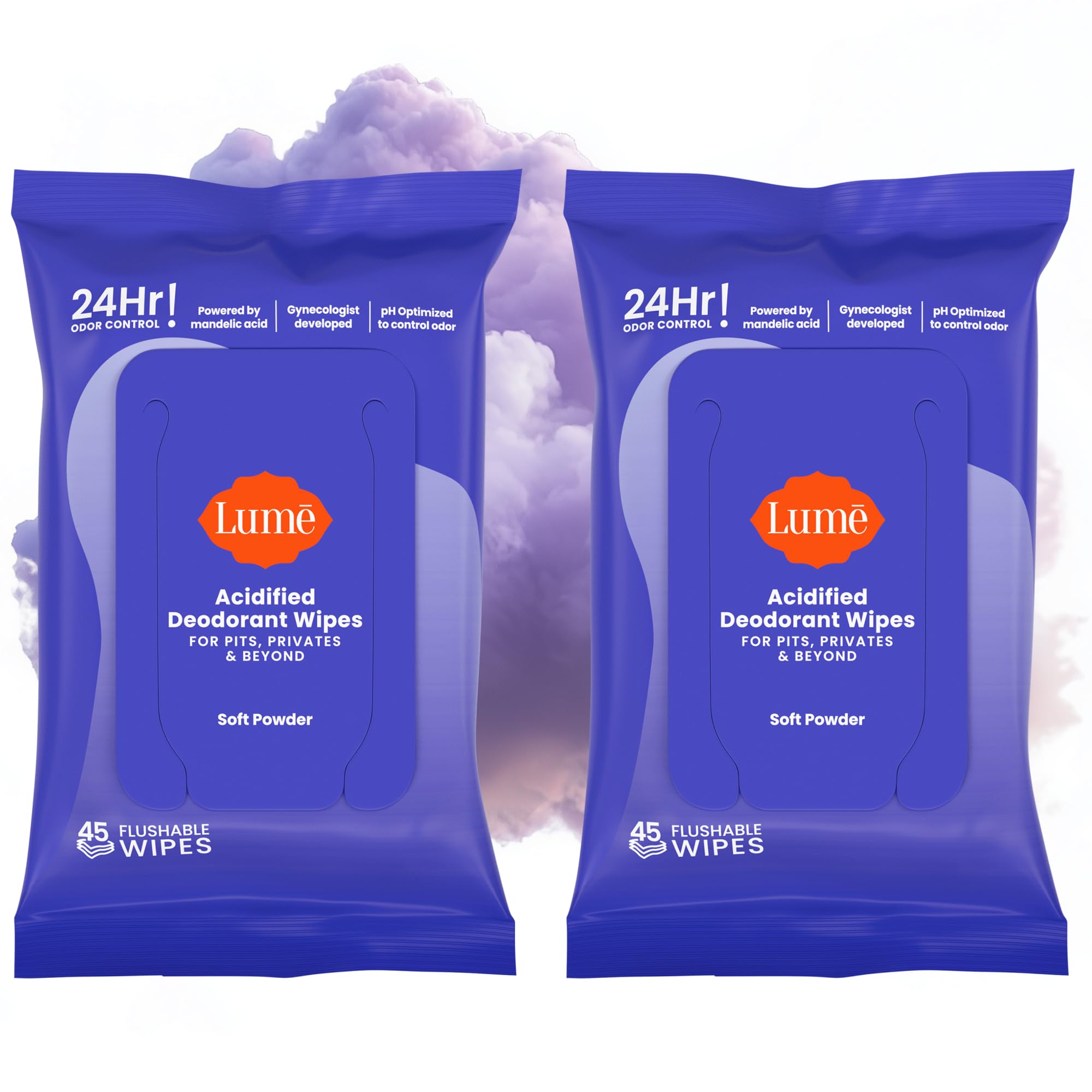 Lume acidified deodorant wipes with soft powder scent for quick refresh.