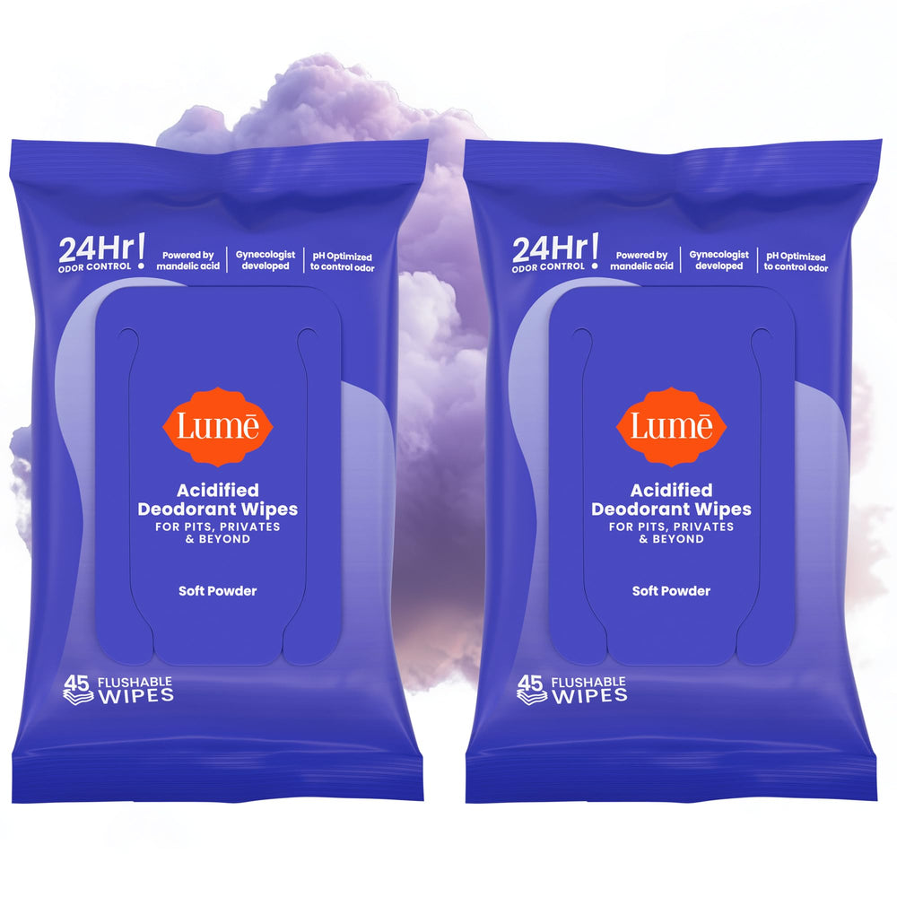 Lume acidified deodorant wipes with soft powder scent for quick refresh.