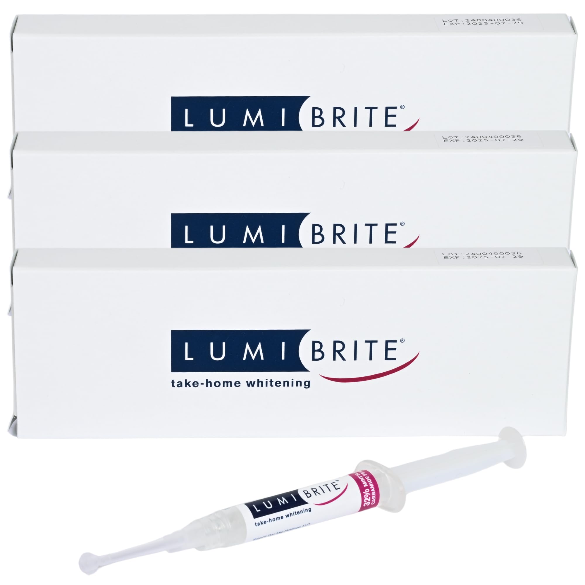 Lumibrite teeth whitening gel 32% syringes pack for convenient at-home whitening sessions.