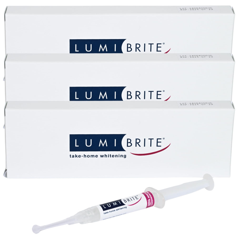 Lumibrite teeth whitening gel 32% syringes pack for convenient at-home whitening sessions.