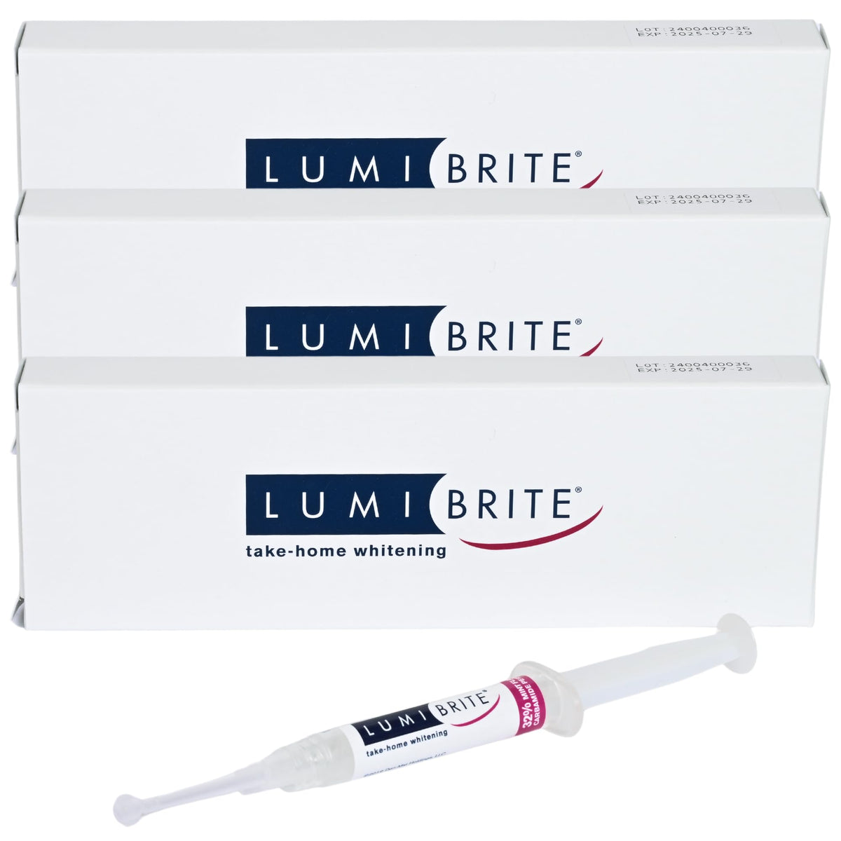 Lumibrite teeth whitening gel 32% syringes pack for convenient at-home whitening sessions.