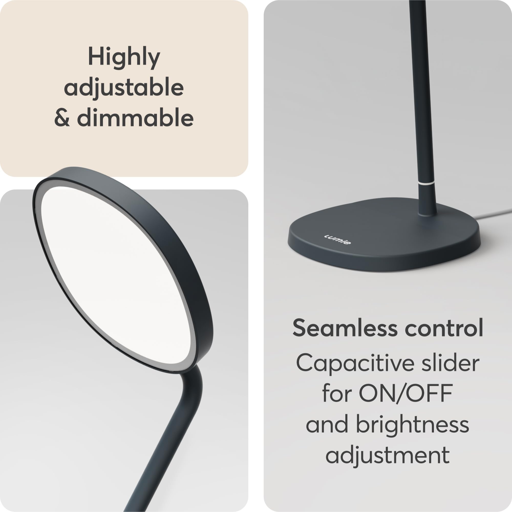 Lumie Task head tilt adjustment enabling focused lighting on documents