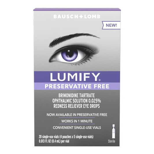 Close-up of Lumify single-use vials showing packaging for sensitive eyes.