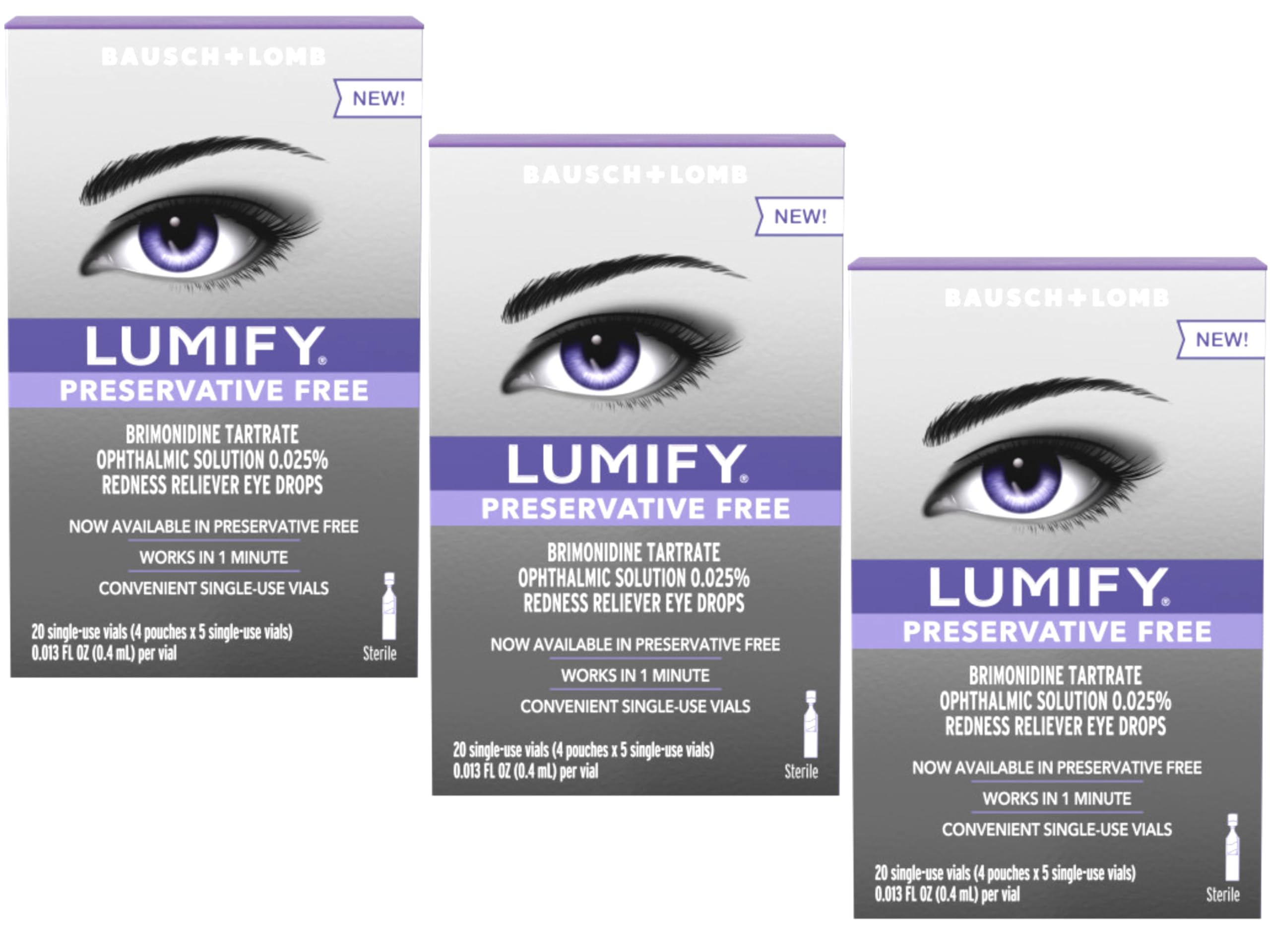Lumify preservative-free eye drops packaging ready for redness relief.