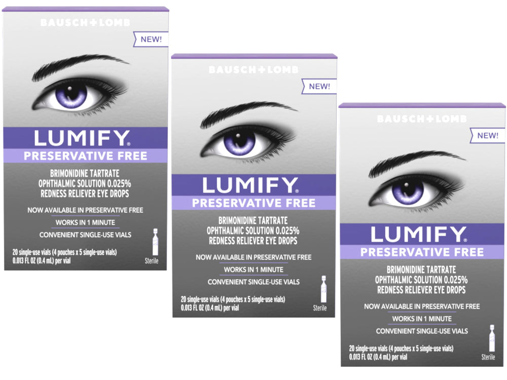 Lumify preservative-free eye drops packaging ready for redness relief.