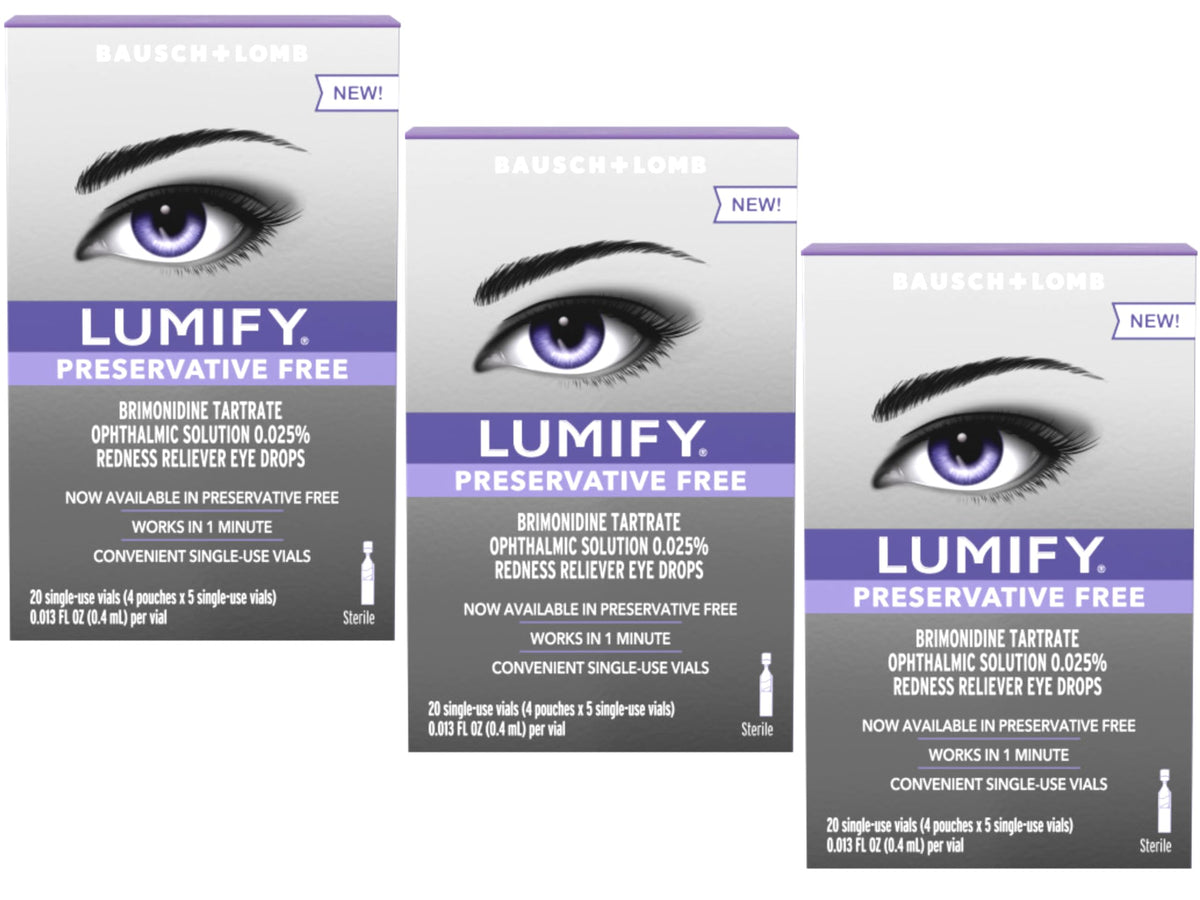 Lumify preservative-free eye drops packaging ready for redness relief.