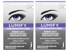 Lumify preservative-free eye drops two-pack bottles for gentle redness relief.