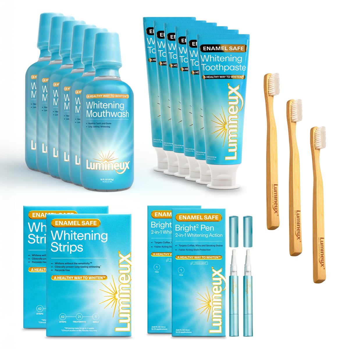 Lumineux Longevity toothpaste packaging showcases an enamel-safe whitening routine.