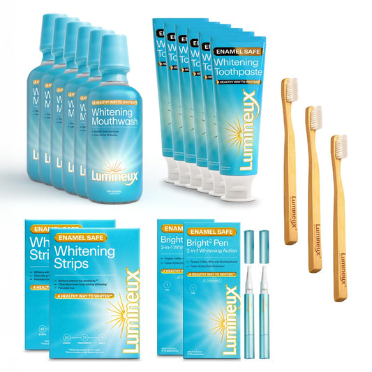 Lumineux Longevity toothpaste packaging showcases an enamel-safe whitening routine.