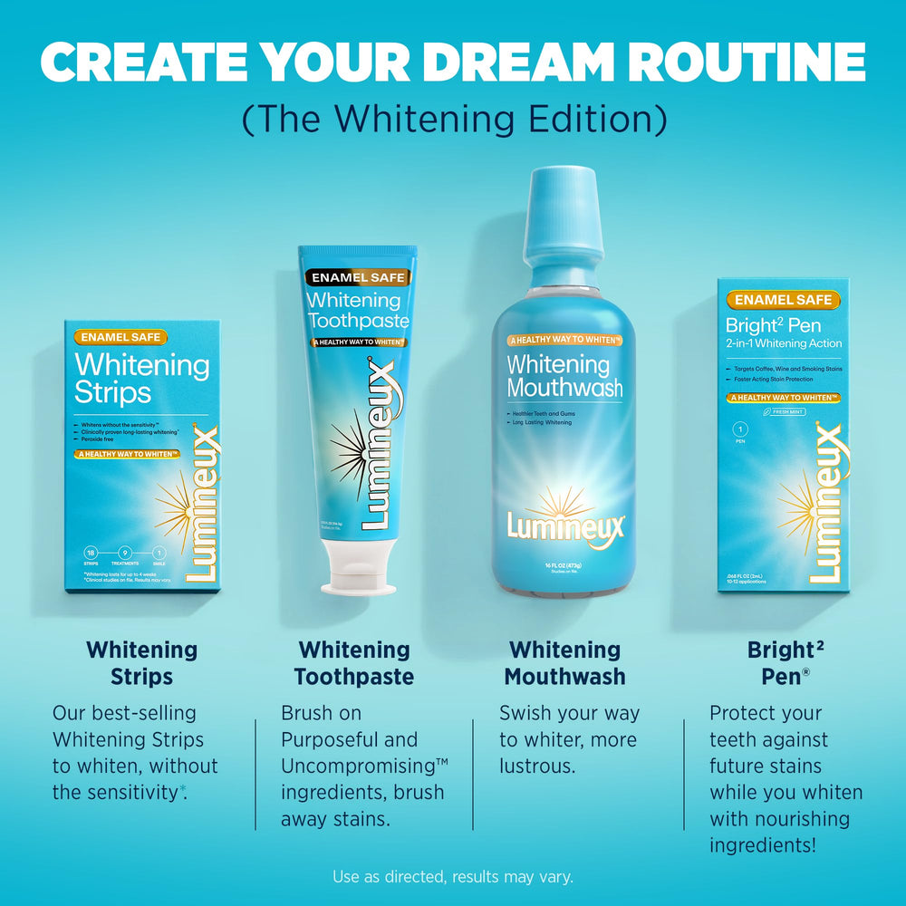 Lumineux packaging hero shot emphasizing enamel safety and peroxide-free formula