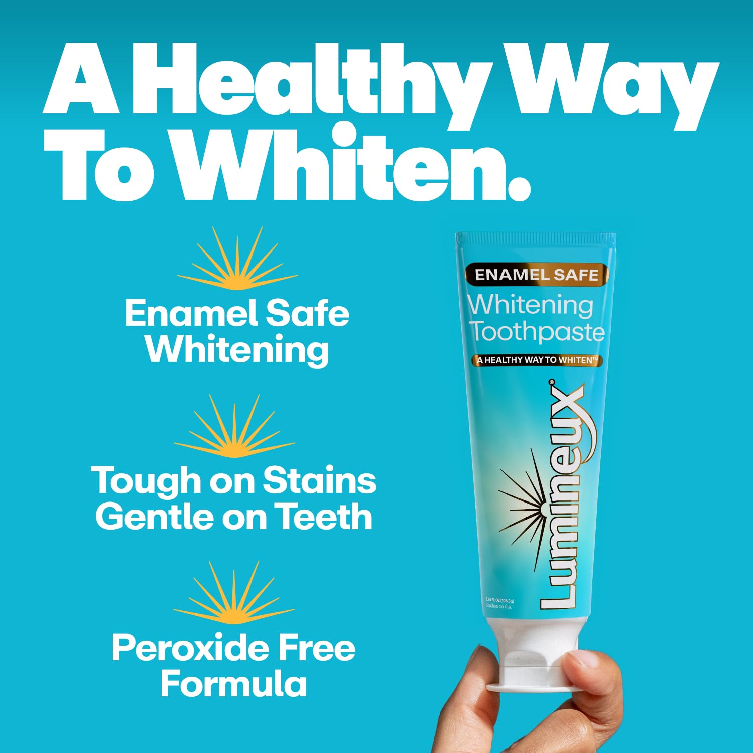 Lumineux strips placed on teeth showing simple at-home whitening process