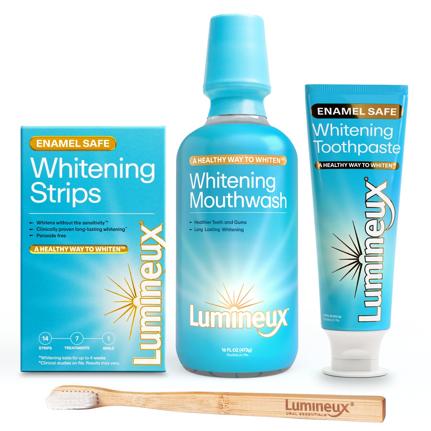 Lumineux teeth whitening strips on a counter demonstrating easy at-home stain removal