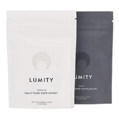 Lumity Morning and Night Male pouch packaging highlighting dual daily nutrition.