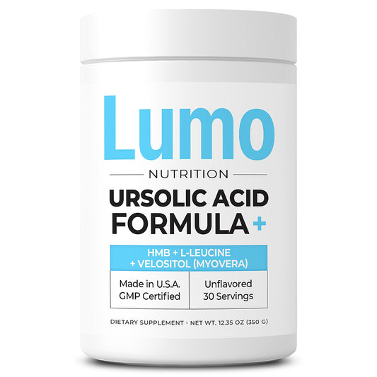Lumo Nutrition Ursolic Acid Formula bottle promotes potential muscle recovery and strength support