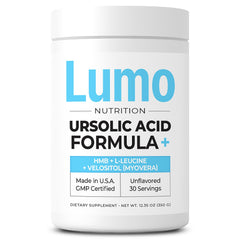 Lumo Nutrition Ursolic Acid Formula bottle promotes potential muscle recovery and strength support