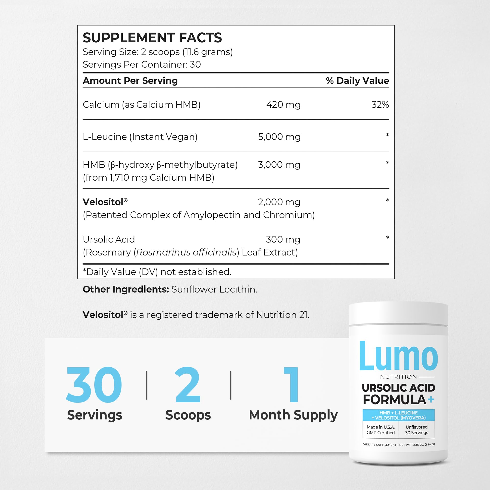 Lumo Nutrition Ursolic Acid Formula serving scoop demonstrates versatile use with shakes and smoothies