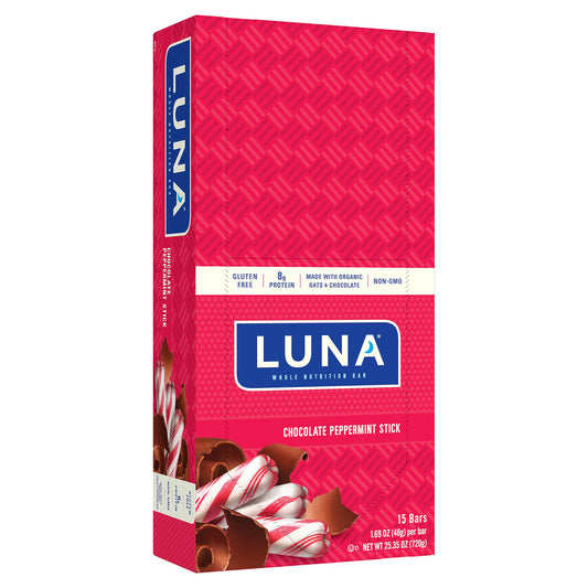 LUNA Bar Chocolate Peppermint Stick wrapped for on the go flavor and protein.
