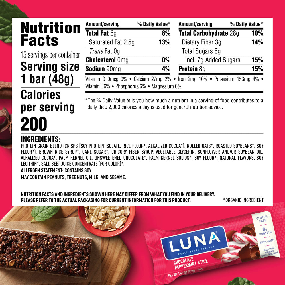 LUNA Bar on the go packaging ideal for travel workouts or office breaks.