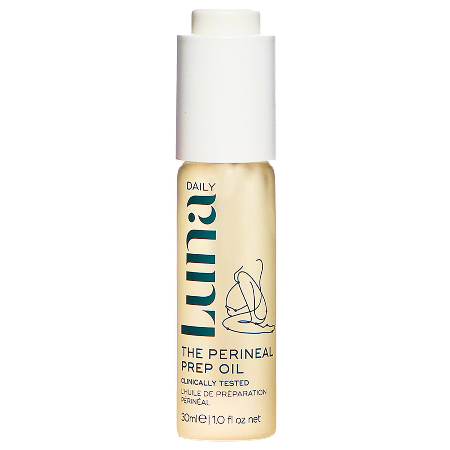 Luna Daily birth prep oil bottle pour for a soothing, easy pre-birth skin contact.