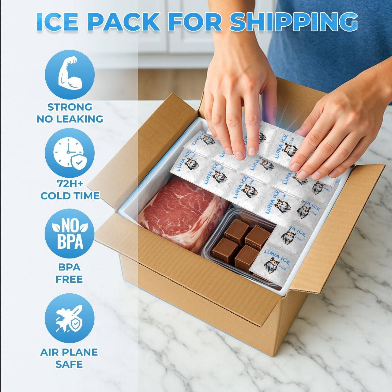 LUNA ICE reusable gel packs are leak-free and food-grade for reuse.